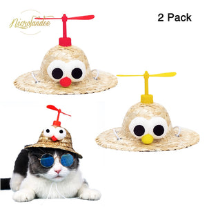 NICROLANDEE 2Pcs Pet Straw Hat Funny Puppy Cap Dog Sombrero Mini Hat with Bamboo Dragonfly for Dog Cat Pet Party Decor